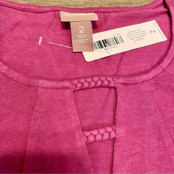 CHICO’S BRAIDED TRIM PLEATED 3/4 SLEEVE SHIRTTAIL TEE WILD MULBERRY 2 =L… - Picture 2 of 8